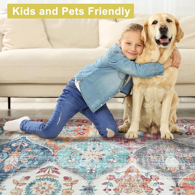 Mandala - Machine Washable Area Rugs 8 X 10 Ft, Stain Resistant, Durable Polyester Material, Patterned & Colorful Rug, Bedroom & Living Room Rug, Room & Modern Home Decor - Orange & Multi