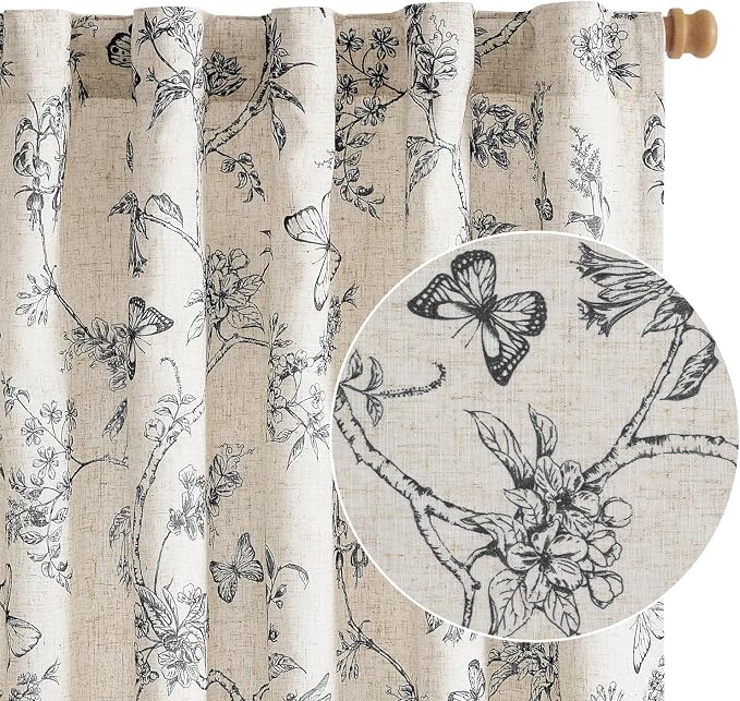 Lazzzy Charlotte Lined Linen Farmhouse Black Floral Curtains 63 Inch Length Back Tab Drapes for Living Room Bedroom Light Filtering Country Vintage Rod Pocket, 2 Panels, Black on Beige
