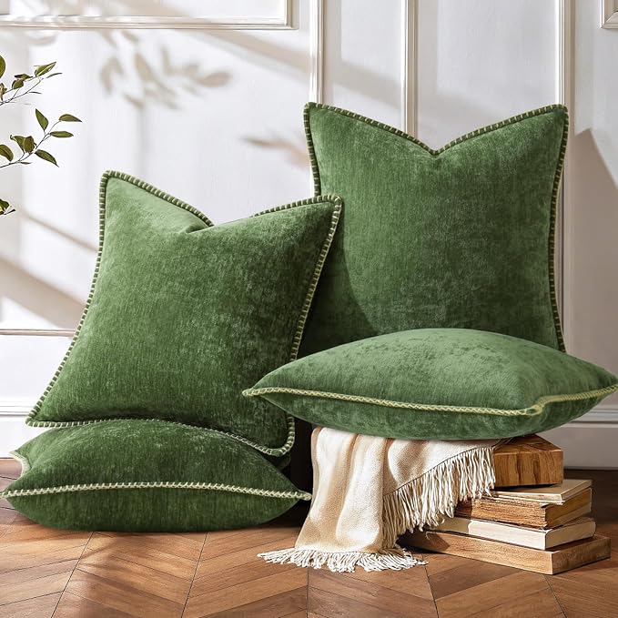 decorUhome Fall Soft Decorative Chenille Throw Pillow Covers 18x18 Set of 4 | Moss Green Cozy Decorative Modern Farmhouse Neutral Pillow Cases with Stitched Edge for Couch Sofa Bed Living Room Home Decor