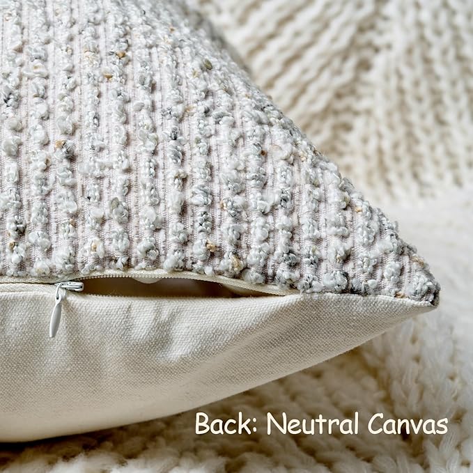DEZENE Striped Throw Pillow Covers 16x16 Set of 2 Cream Grey Textured Boucle Chic Morden Boho Accent Farmhouse Square Decorative Couch Pillow Covers for Home Decor Bed Sofa Living Room