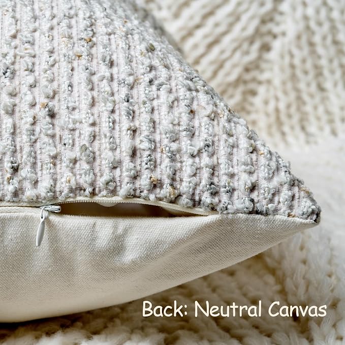 DEZENE Striped Throw Pillow Covers 20x20 Set of 2 Cream Grey Textured Boucle Chic Morden Boho Accent Farmhouse Square Decorative Couch Pillow Covers for Home Decor Bed Sofa Living Room