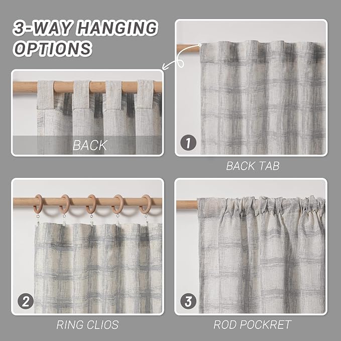 MYSKY HOME Linen Sheer Curtains 95 Inch Length for Bedroom, Living Room Curtains 2 Panel Sets, Soft Plaid Linen Polyester Blend Semi Sheers Light Filtering Back Tab Privacy Drapes, 50"x95", Grey