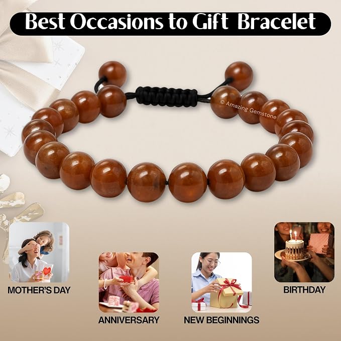 Amazing Gemstone Hessonite Garnet Bracelet, Gifts for Men & Women - Protection Healing Crystal Bracelet - 8mm Gemstone Beaded Adjustable Bracelet, Pulseras para Hombres Mujer Stocking Stuffers