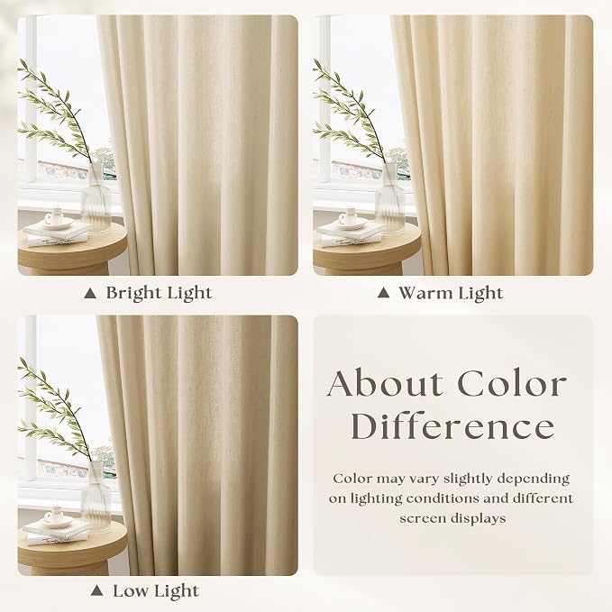 Beige Linen Semi Sheer Curtains 96 Inches Long Pinch Pleated Curtain | for Living Room Bedroom Dining Room, Memory Shape Trained, Pinch Pleat Drape, 96 Inch Length, Boho, Back Tab Curtain, 1 Panel