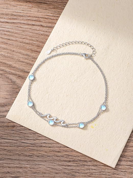 Wave/Dolphin Bracelet/Sea Turtles Anklet 925 Sterling Silver Adjustable Moonstone Bracelet/Anklet Summer Ocean Jewelry Gifts for Women