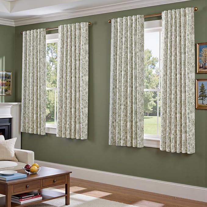 jinchan Green Floral Blackout Curtains 63 Inch Farmhouse Back Tab 2 Panels | Green on beige, room darkening, traditional vintage drapes, bedroom, living room, botanical, flower print, window treatment