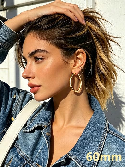 Bestyle 5mm Thick Gold Hoop Earrings Hypoallergenic Hoops for Sensitive Ears Trendy Lightweight Chunky Earrings for Women 30/40/60/80mm