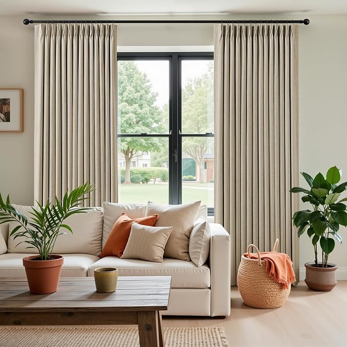 IVAPUPU Sand Pinch Pleated Full Blackout Linen Curtains for Bedroom, Black Out Curtains 108 Inches Long for Living Room Darkening Thermal Insulated Neutral Pleat Drapes with 16 Hooks, 2 Panels