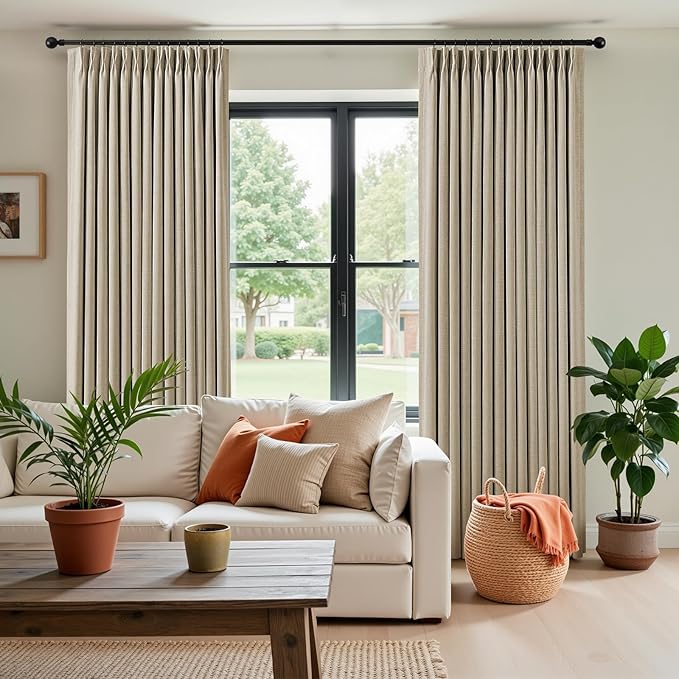IVAPUPU Sand Pinch Pleated Full Blackout Linen Curtains for Bedroom, Black Out Curtains 90 Inches Long for Living Room Darkening Thermal Insulated Neutral Pleat Drapes with 16 Hooks, 2 Panels