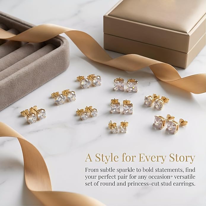 12 Pairs Stud Earrings Set, 3-8mm Cubic Zirconia Earrings for Women & Men 316L Stainless Steel Earring Hypoallergenic Small Earring Nickel Free