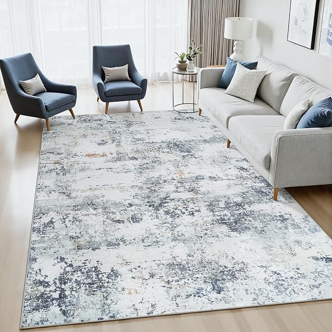 6x9 Area Rugs Living Room Rug Modern Abstract Neutral Washable Rugs Non Slip Soft Carpet Large Area Rug Low Pile Stain Resistant Non Shedding for Bedroom Nursery Dining Room Home Office Blue Grey