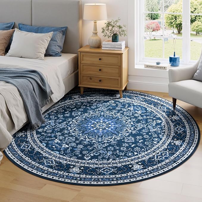 Lessymo 4FT Washable Round Area Rugs for Living Room, Non Slip Circle Rugs Low Pile Vintage Carpet for Bedroom, Dining Room, Nursery, Home Office, Blue White