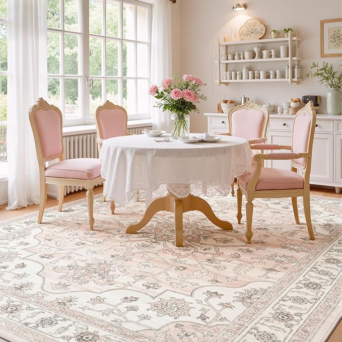 Washable Rug for Living Room Bedroom, 8x10 Area Rugs for Dining Room Home Office, Non Slip Low Pile Rug Indoor, Vintage Boho Floral Medallion Carpet, Pink