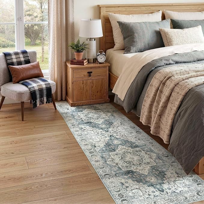 Lessymo Runner Rug 2 x 6, Machine Washable Entryway Rugs Boho Faux Wool Low Pile Area Rug for Bedroom, Floral Medallion Vintage Rugs with Non-Slip Rubber,Blue Grey/Beige