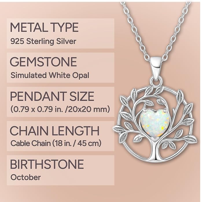 ADITA GOLD Tree of Life Necklace for Women, 925 Sterling Silver Birthstone Pendant, Simulated Gemstone, Jewelry