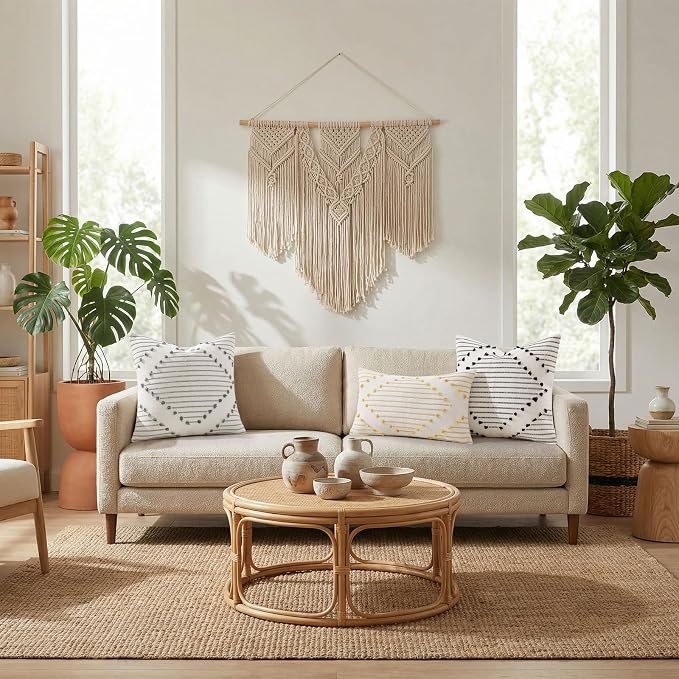 Mecatny Boho Summer Outdoor Throw Pillow Covers 18X18 Set of 2, Farmhouse Decorative Pillow Covers for Couch Sofa Living Room, Beige & Cream White