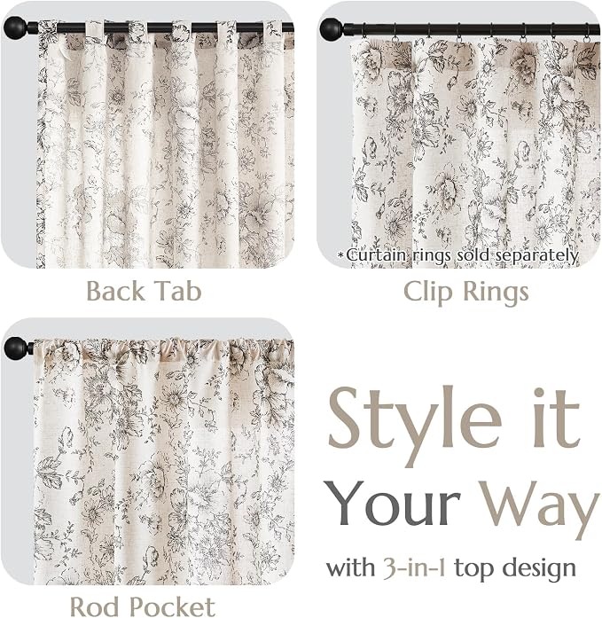 jinchan Black Floral Linen Curtains 63 Inch Vintage Back Tab 2 Panels | Light filtering drapes, semi sheer, farmhouse, cottagecore, rustic, living room, bedroom, rod pocket, window treatment
