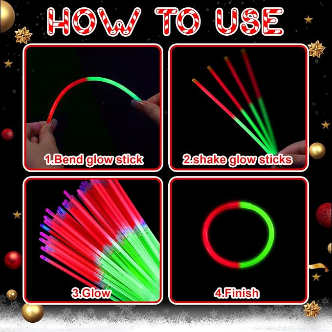 Syhood 120 Pcs Glow Sticks Bracelets for Christmas Bulk 8 Red and Green Bicolor Glow Stick Bracelets with Connectors Xmas Glow Stick Accessories for Christmas Neon Glow in the Dark Party