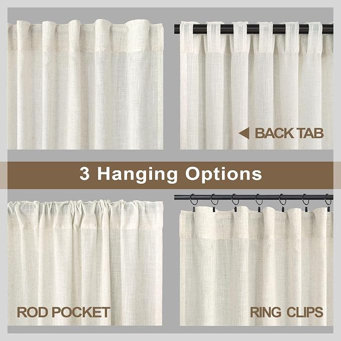 Off White Curtains 60 Inch Wide for Living Room 2 Panels Back Tab Pocket Extra Large Linen Drapes Semi Sheer Room Dividers Patio Curtains for Sliding Glass Door Apartment Width 60x96 Long Cream Ivory