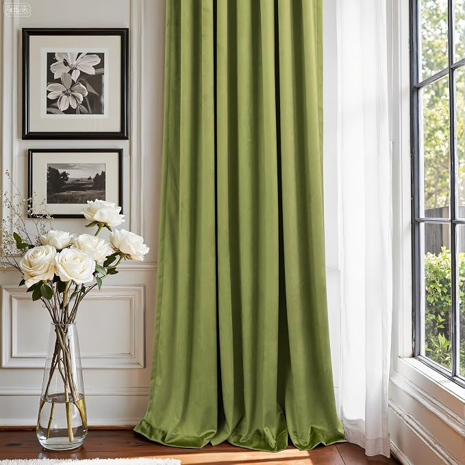 Moss Green Velvet Curtains 84 Inch Long 2 Panel Thick Soft Luxury Sage Olive Green Curtain for Living Room Darkening Thermal Insulated Privacy Drape Bedroom Sliding Door 52x84 Floor Length Back Tab