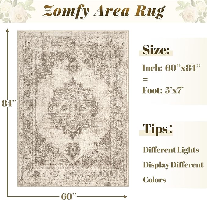 Area Rug 5x7 Vintage Rugs: Washable Indoor Medallion Rug Low Pile Distressed Floor Carpet Retro Accent Rugs for Living Room Bedroom Kitchen Dining Table Home Office(Taupe, 5'x7')