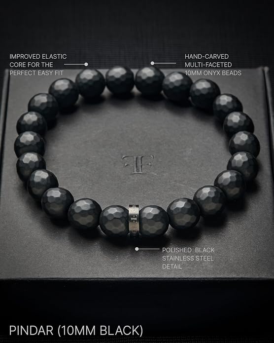 Forge & Foundry Faceted Matte Black Onyx Stone Beaded Bracelet | Custom Signature Stainless Steel Bead | ‘Pindar’ | 8mm and 10mm Bead Desgins | Refined Hand-Crafted Jewelry
