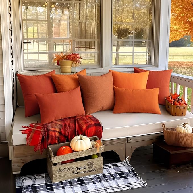 MIULEE Pack of 2 Decorative Outdoor Solid Waterproof Throw Pillow Covers Faux Linen Garden Farmhouse Cushion Cases for Summer Patio Tent Balcony Couch Sofa 20x12 Inch Burnt Orange