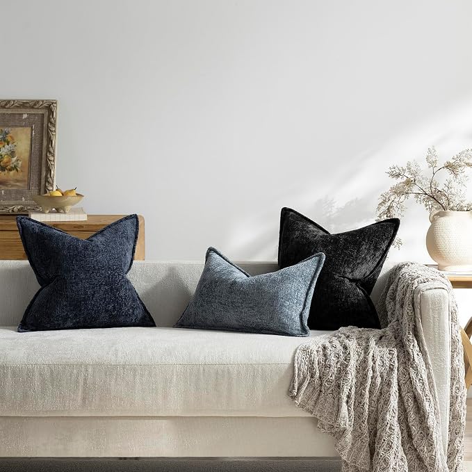 DEZENE Pack of 2 Navy Decorative Throw Pillow Covers 16x16 Cozy Soft Chenille Accent Vintage Square Couch Pillow Covers for Home Decor Bed Sofa Living Room
