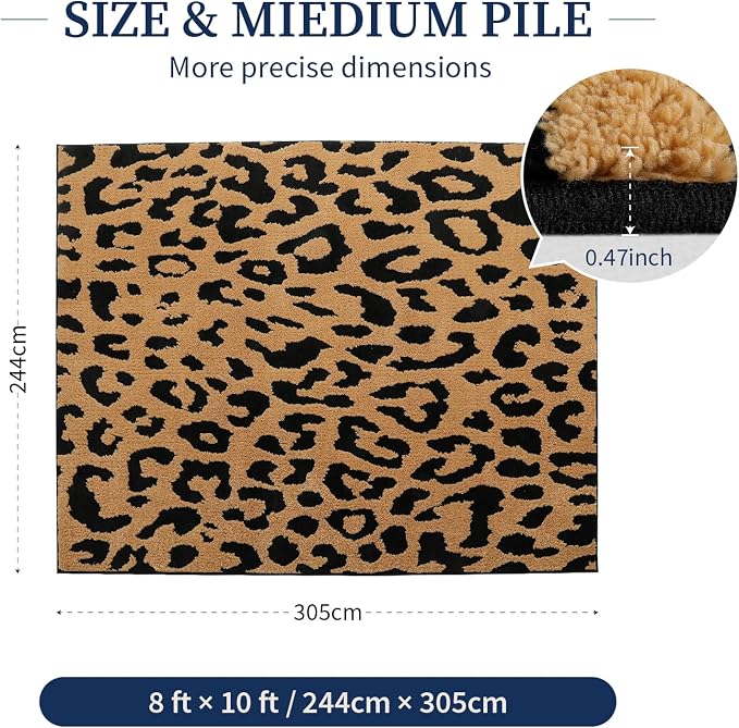 YIHOUSE 8×10 Ft Leopard Area Rugs, Washable High-Low Pile Plush Soft Rug, Non-Slip Non-Shedding Animal Cheetah Carpet for Living Room, Bedroom, Dining Room, Nursery, Home Decor