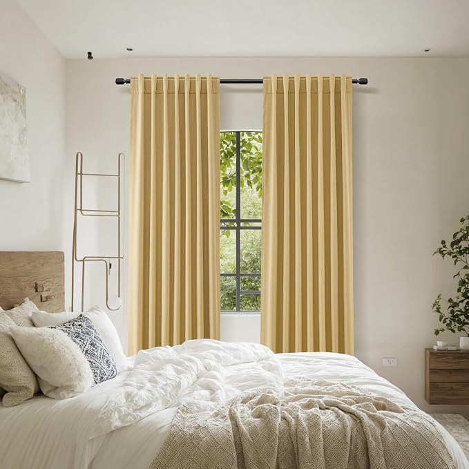 Guken 100% Blackout Curtains 84 Inch Length 2 Panels Set for Living Room Bedroom Back Tab Thermal Insulated Black Out Linen Drapes Room Darkening Window Curtains 84 Inches Long,Gold Yellow