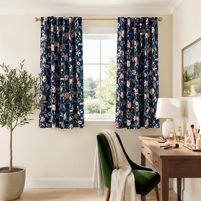 jinchan Dark Blue Floral Blackout Curtains 63 Inch Back Tab 2 Panels | Room darkening, light blocking, elegant vintage drapes, botanical floral print, bedroom, living room, window treatment