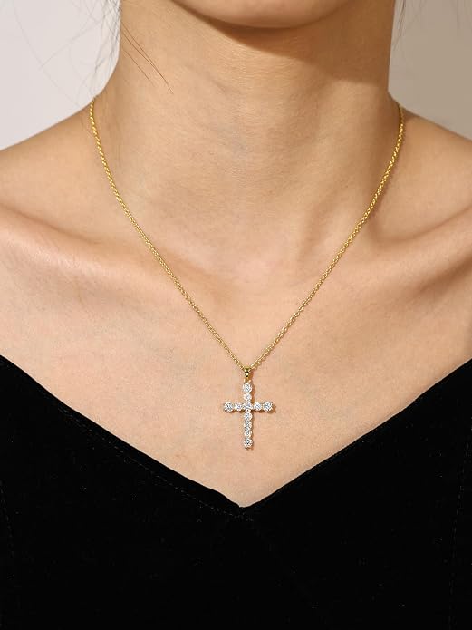 Carleen Cross Necklace For Women Yellow Gold Plated Sterling Silver Cubic Zirconia CZ Simulated Diamond Cross Crucifix Pendant Necklace Jewelry Easter Gift for Women, 18" Silver Chain Nice Gifts Jewelry Box