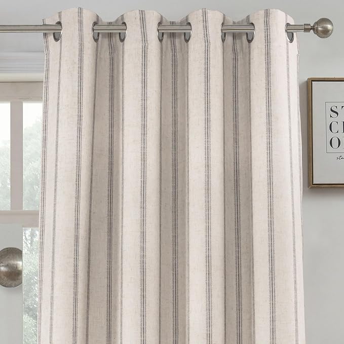 DriftAway Farmhouse Linen Stripe Blackout Curtains, W52xL96, Gray | Blackout, Linen Texture, Stripe Pattern, Rod Pocket & Back Tab, Two Layers, Bedroom Living Room Use, Sound Reducing Design