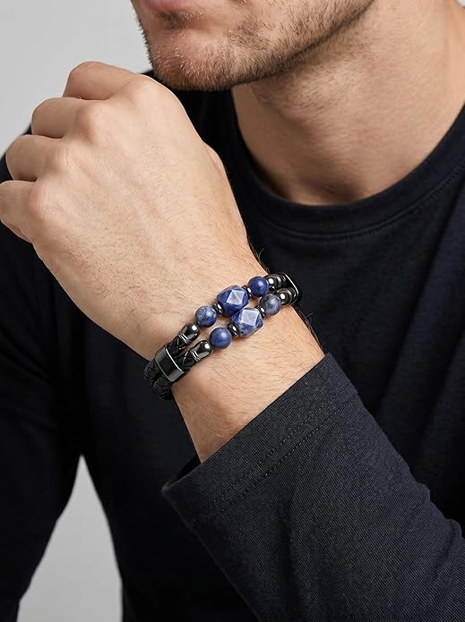 Black Braided Leather Bracelet for Men with Turquoise, Lapis Lazuli, Tiger Eye, Obsidian Stone Double-Row Wristband Beads with Stainless Steel Clasp Fashion Jewelry Gift for Him