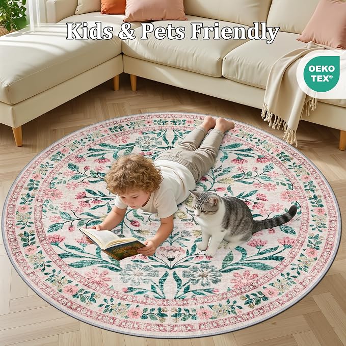 Round Area Rug for Living Room: 6 ft Floral Washable Circle Rug Soft Boho Non-Slip Carpet Indoor Stain Resistant Low Pile Small Circular Rug for Bedroom Entryway Kitchen Nursery Home Office Pink Green