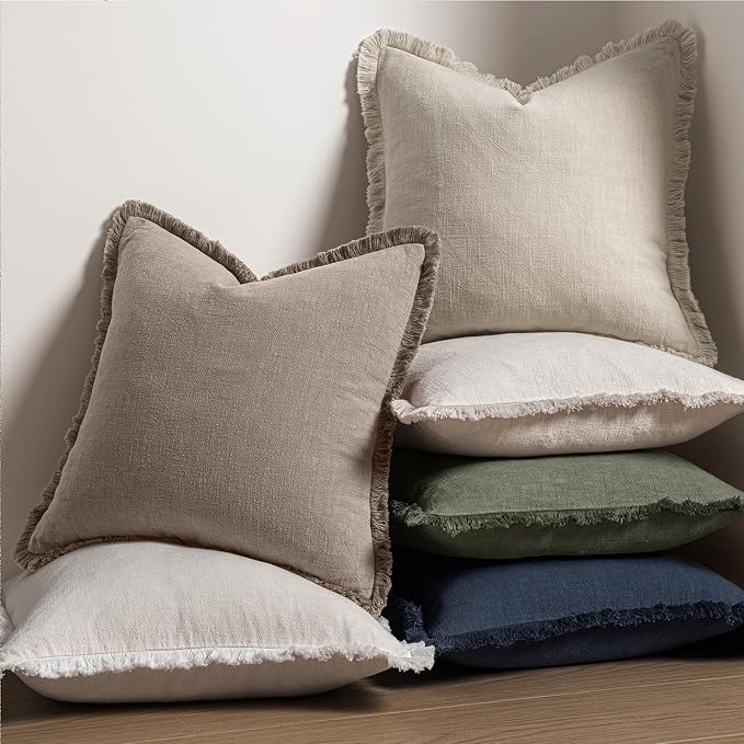 MIULEE Decorative Throw Pillow Covers Neutral Linen Fringe Throw Pillows Set of 2 Dune Boho Farmhouse Cushion Covers with Tassels for Couch Sofa Bed Living Room Fall Decor 20x20 Inch