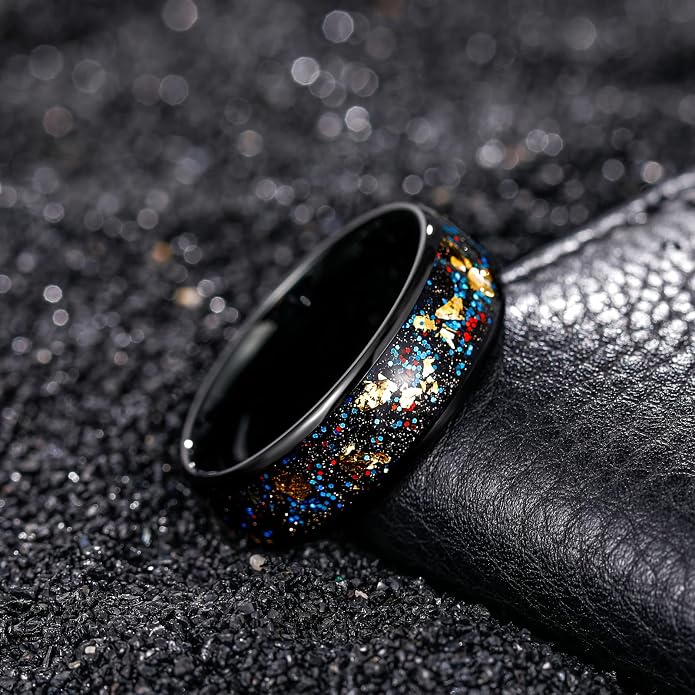 TRUMIUM 4mm 6mm Wedding Rings for Men Women Tungsten Carbide Galaxy Opal and Sandblast Inlay Multi-Colored Mens Wedding Band Beveled Edges Comfort Fit Size 5-13