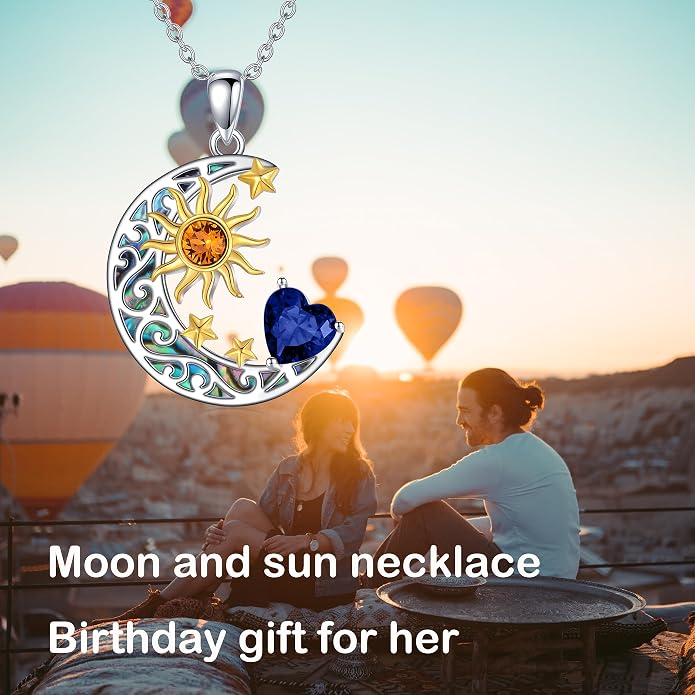 AOBOCO 925 Sterling Silver Sun and Moon Star Pendant Necklace with Simulated Birthstone, Birthday Christmas Jewelry Gift for Women Teen Girls