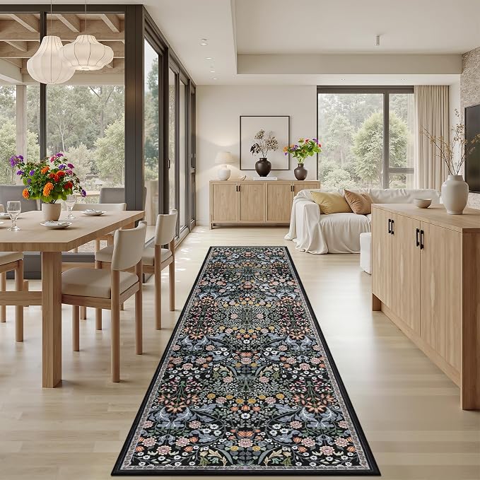 Runner Rug for Entryway: 2.6x10 Kitchen Rugs Non Slip Washable Ultra-Thin Soft Floral Carpet Indoor Floor Stain Resistant Carpets for Hallway Bedroom Kitchen Laundry Bathroom Dorm Dark Black