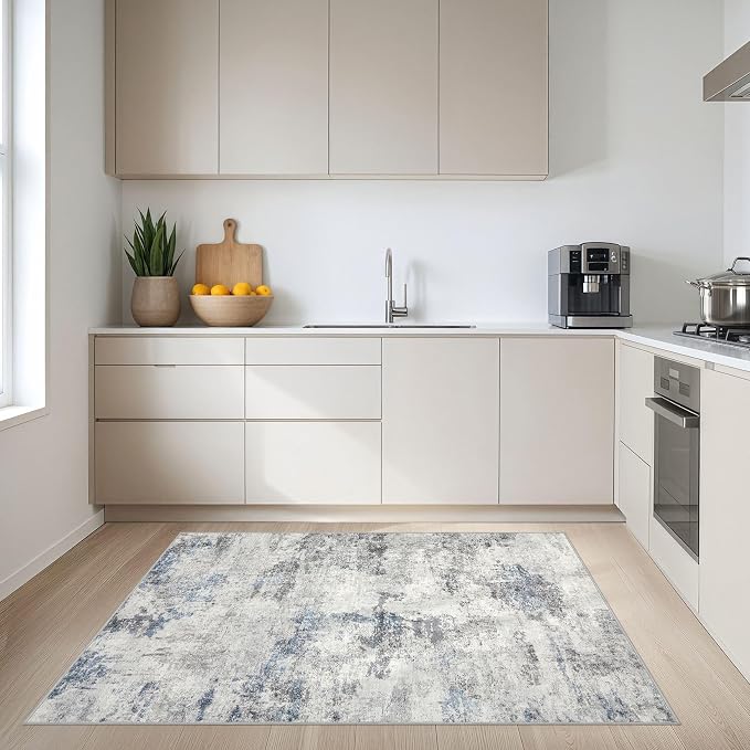 DMOYEST 4x6 Area Rug - Washable & Non Slip Indoor Rug for Living Room, Ultra Soft Abstract Low Pile Carpet, Kid & Pet Friendly Neutral Decor for Bedroom - Grey Blue