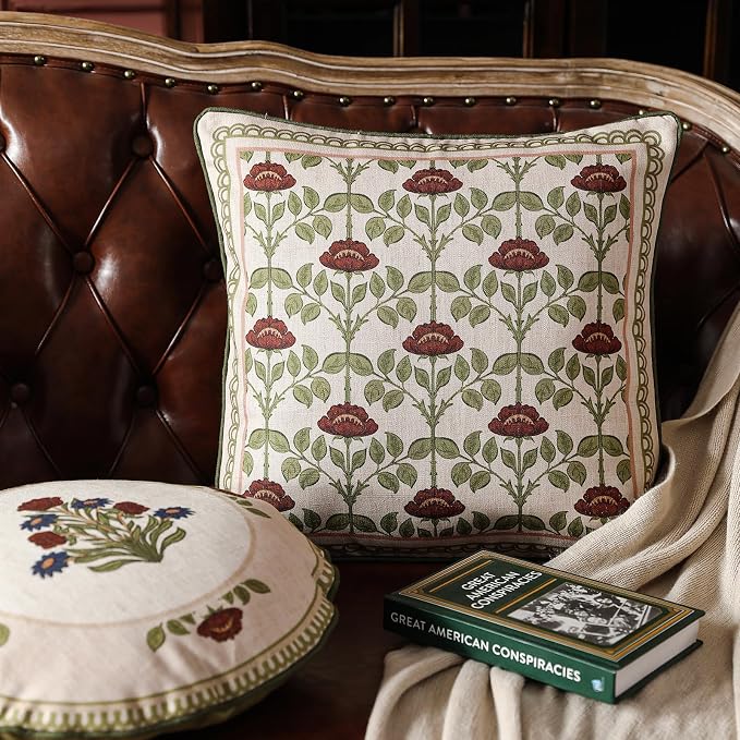 ISAENNE Elegant French Linen Throw Pillow Cover,Set of 2,18"x18"-Estonia D | Designer Vintage Square Pillow Cover,Concealed Zipper Design,Floral Pattern,Sofas,Bedroom,Living Room,Lounge Chairs