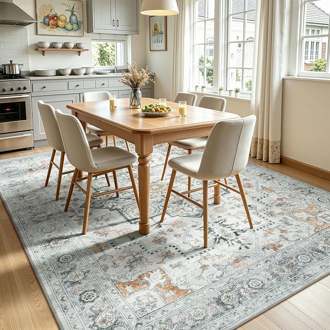 Lofus 8x10 Washable Rugs Non-Slip, Vintage Floral Area Rug for Living Room Bedroom Dining Room Kitchen, Low Pile Distress Print Carpet Home Decor Rug, Octagram Medallion Grey Beige