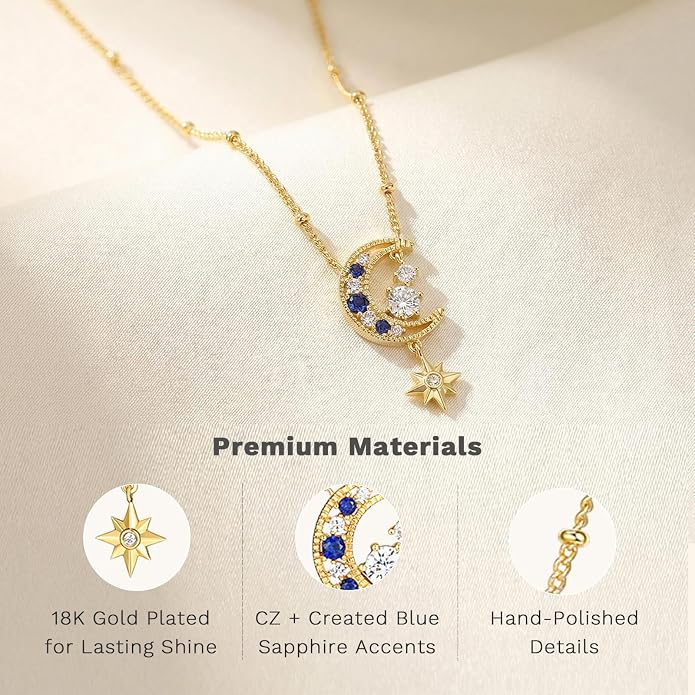 Miss mimi CZ Pendant Necklace, Golden Yellow Princess Cut or Crescent Moon, 18K Gold Plated, Adjustable 16” or 18 + 2”in Chain, Celestial & November Birthstone Citrine Style