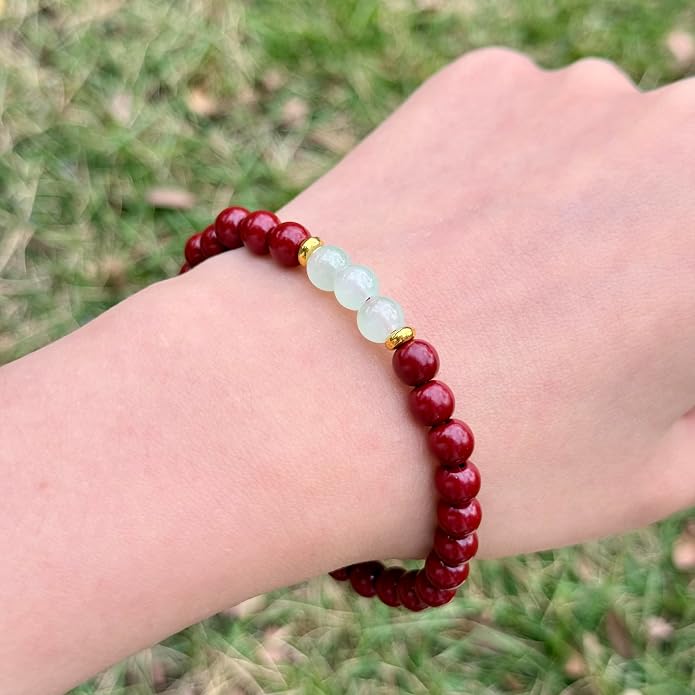 LINGYUAN Feng Shui Wealth and Luck Bracelet with Gold Foil Five Gods Amulet-Red Agate Cinnabar Gemstone Bracelet for Prosperity, Protection & Success, Lucky Charm Gift for Men & Women