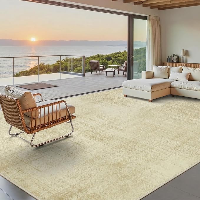 Joydeco 9x12 Area Rugs Classic for Living Room, Beige | Non Slip Machine Washable Low Pile for Bedroom Dining Room Home Office Pet & Child Friendly