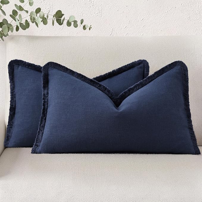decorUhome Linen Fringe Navy Blue Throw Pillow Covers 12x20 Set of 2 | Decorative Soft Accent Modern Boho Farmhouse Lumbar Cushion Covers with Tassels Cotton Pillow Covers for Couch Bed Sofa