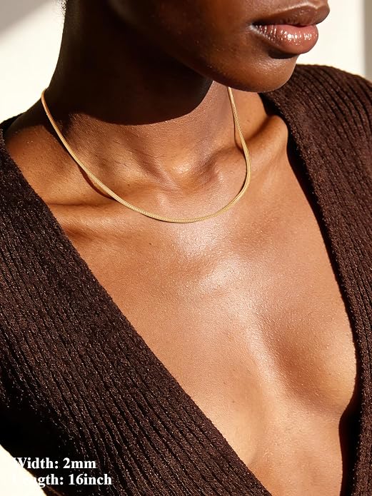 U7 Snake Necklace for Women 14K Gold Plated/Silver/Rose Gold/Black Chain Necklace Hypoallergenic, Stainless Steel Tiny Snake Chain Necklace 1/1.2/1.5/2MM, 14-30" Adjustable Minimalist Gift