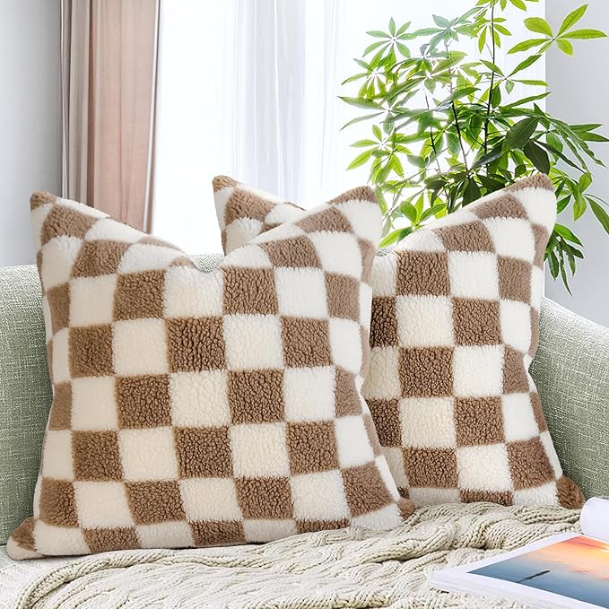 AmHoo Pack of 2 Decorative Throw Pillow Covers Checkerboard Luxury Super Soft Faux Fur Wool Set Case Cushion for Couch Sofa Bedroom 24 x 24-Inch Camel