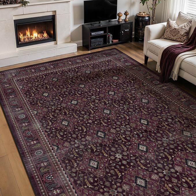 Fig Area Rugs for Living Room 6x9, Earth Tone Dark Academia Dining Room Rugs for Under Table, Washable Non Slip Low Plie Carpet Rug for Bedroom Home Office, Vintage Boho Floral Trellis