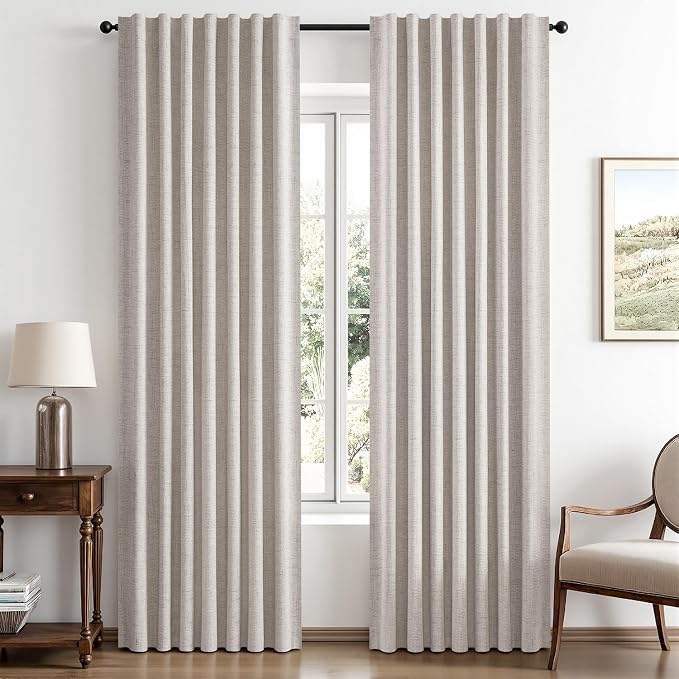 MIULEE 100% Blackout Linen Curtains for Bedroom 52 x 63 Inch Ivory 2 Panels | Thermal Insulated, Room Darkening Drapes for Living Room, Back Tab Rod Pocket Pinch Pleated, Solid Luxury Decor